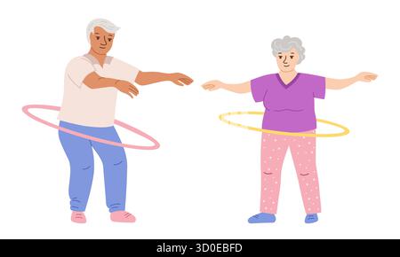 Coppia anziana che fa sport, hula hoop esercizio per la vita. Esercizio di salute senor adulto e hobby senora. Personaggi anziani uomini anziani donne fitness ginnastica, cardio, design vettoriale di riabilitazione Illustrazione Vettoriale