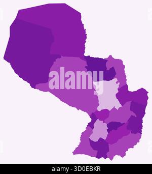 Mappa del Paraguay con le regioni. Una semplice mappa di confine con le divisioni regionali, con una tavolozza di colori viola. Illustrazione Vettoriale