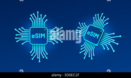 Moderno microchip eSIM con collegamenti a circuito luminoso. Concetto di tecnologia digitale per la connettività globale. Illustrazione vettoriale Illustrazione Vettoriale