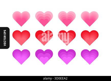 Set di icone vettoriali cuore sfumate con sfondo rosa rosso e viola su sfondo bianco, perfette per San Valentino o per un design romantico Illustrazione Vettoriale