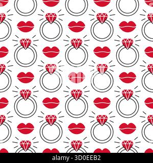 Labbra rosse e anelli diamantati senza cuciture su sfondo bianco. Doodle, design vettoriale piatto. Perfetto per biglietti di San Valentino, carta da imballaggio, tessuti e decorazioni romantiche. Illustrazione vettoriale Illustrazione Vettoriale