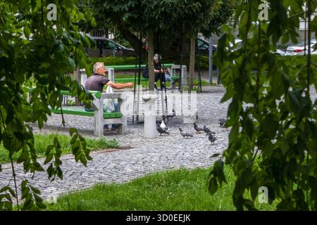 Lubiana, Slovenia 04 agosto -2025 Un uomo seduto su una panchina che dà da mangiare ai piccioni in un parco Foto Stock