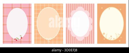 Cornici per menu Pastel Gingham. Graziosi bordi ovali con dettagli in ciliegio, fiocco e floreali Illustrazione Vettoriale