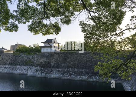 Torre di avvistamento del castello di Osaka vista nel tardo pomeriggio durante l'orario del tramonto. Preso a Osaka, Giappone Foto Stock