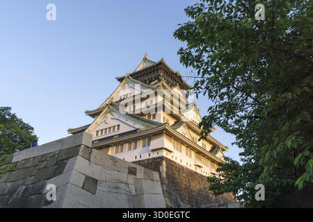 Il castello di Osaka, uno dei monumenti più famosi del giappone, visto nel tardo pomeriggio durante l'orario del tramonto. Preso a Osaka, Giappone Foto Stock