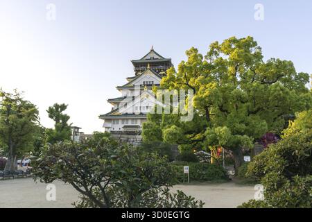 Il castello di Osaka, uno dei monumenti più famosi del giappone, visto nel tardo pomeriggio durante l'orario del tramonto. Preso a Osaka, Giappone Foto Stock