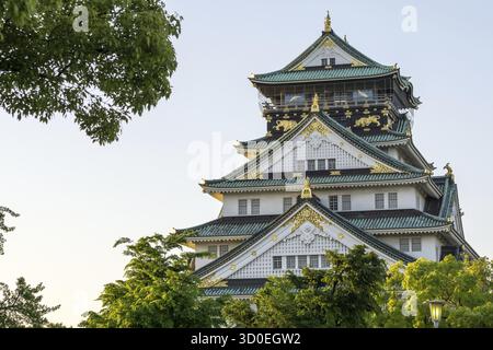 Il castello di Osaka, uno dei monumenti più famosi del giappone, visto nel tardo pomeriggio durante l'orario del tramonto. Preso a Osaka, Giappone Foto Stock
