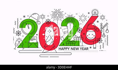 biglietto di auguri per il felice anno nuovo 2026, banner line art Illustrazione Vettoriale