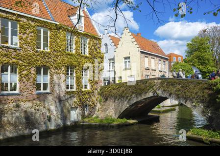 Paesaggio urbano di Bruges con canale d'acqua e ponte Meestraat, Fiandre, Belgio, Bruges, Belgio Foto Stock