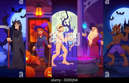 Spaventosi personaggi dei cartoni animati delle festività di Halloween Illustrazione Vettoriale