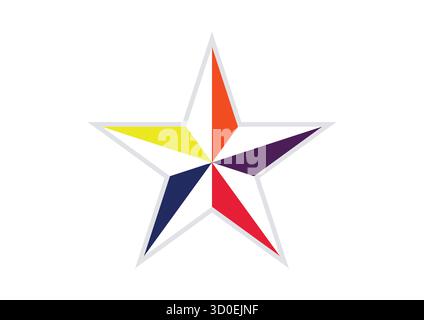 Icona a stella a colori segmentata: Design poligonale vivace a cinque punti. Stella a colori segmentata isolata su bianco Illustrazione Vettoriale