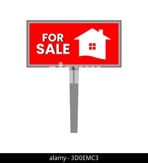 Cartello rosso per la vendita immobiliare con l'icona della casa bianca. Perfetto per le illustrazioni vettoriali degli annunci di proprietà Illustrazione Vettoriale