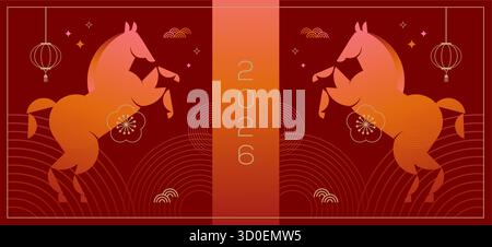 Sfondo orizzontale del nuovo anno lunare, banner, modello di storia dei social media. Capodanno cinese, anno del cavallo. Moderno stile vettoriale geometrico Illustrazione Vettoriale