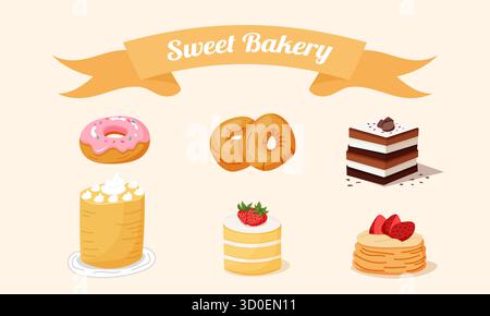 Pasticceria colorata con ciambelle, torte e dessert in stile cartoni animati. Perfetto per menu, poster, adesivi e decorazioni da caffè. Illustrazione Vettoriale
