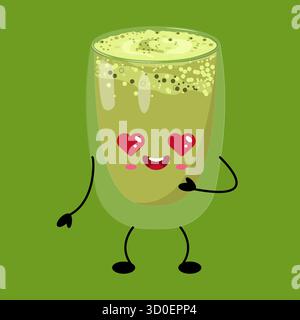 Illustrazione della tazza matcha Kawaii con espressioni sorprendenti, design divertente ed emotivo, ideale per il branding delle bevande e prodotti carini. Illustrazione Vettoriale