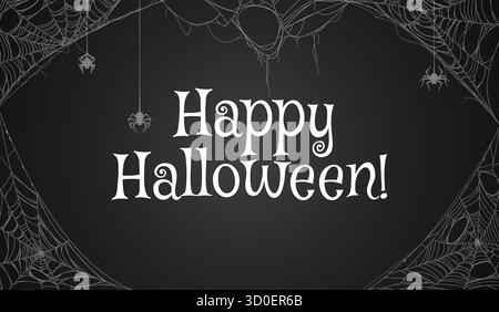 Striscione di Halloween con sagome a ragni appesi e ragnatela allungata. I ragni vettoriali piccoli si sganciano dalle filettature della cornice cobweb su sfondo nero Illustrazione Vettoriale