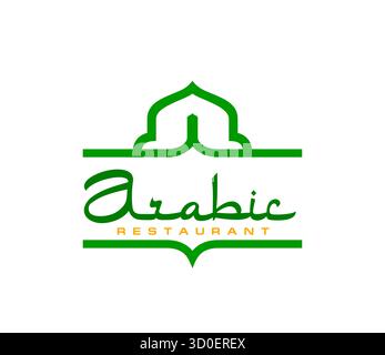 Icona della cucina araba per il ristorante arabo o la mensa di cibo musulmano, emblema vettoriale. Ristorante arabo icona di una moschea verde con lettere di stile arabo per piatti halal e pasti orientali Illustrazione Vettoriale
