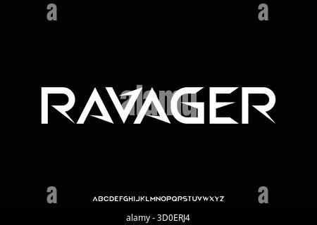 L'alfabeto ravager sans serif visualizza il vettore dei caratteri. Carattere sportivo estremo Illustrazione Vettoriale