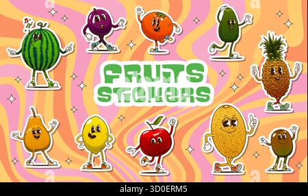 Adesivi con caratteri fruttati e vibrazioni retrò y2k. Personaggi danzanti di anguria vettoriale, uva, arancia e frutti di avocado. Ananas, pera, limone e mela, melone e kiwi Illustrazione Vettoriale