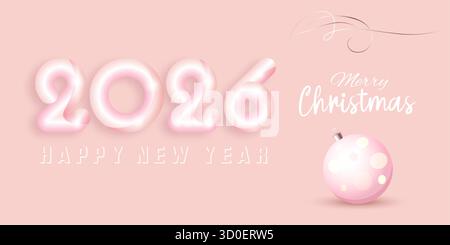 2026, numeri di bolla Capodanno e decorazioni di baubles natalizie. Cornice natalizia con spazio per le copie, sfondo rosa, buon Natale, biglietto di auguri natalizi Illustrazione Vettoriale