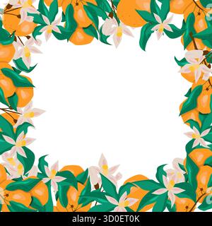 Una corona quadrata di arance, foglie verdi e fiori, ideale per i saluti festivi. Illustrazione Vettoriale