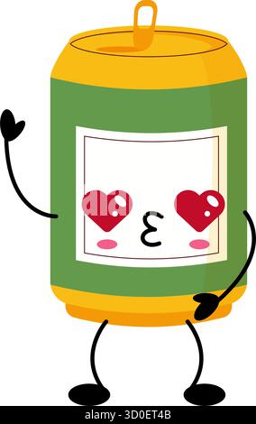 Divertente bibita in stile kawaii con occhi cardiaci e volto sorridente. Adorabile personaggio dei fumetti su sfondo bianco, perfetto per adesivi e bambini Illustrazione Vettoriale