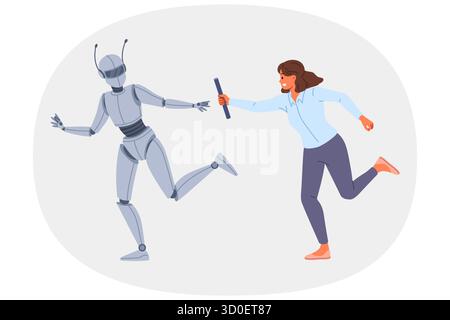 Collaborazione uomo e robot lavorano insieme per raggiungere l'obiettivo di raggiungere il successo nel business Illustrazione Vettoriale