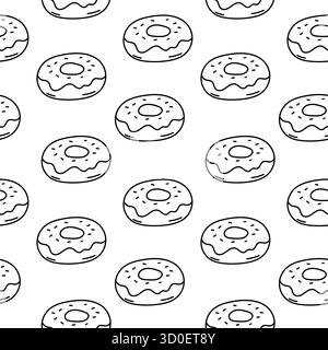 Motivo vettoriale senza cuciture con ciambelle in stile doodle. Semplice illustrazione in bianco e nero, perfetta per colorare libri, sfondi, imballaggi e. Illustrazione Vettoriale