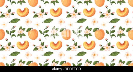 Un motivo senza cuciture con frutti di pesca e fiori rosa su sfondo bianco. Illustrazione Vettoriale