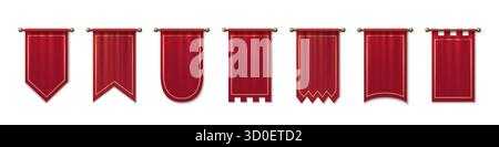 Bandiere rosse medievali fissate isolate su sfondo bianco. Illustrazione vettoriale realistica di striscioni in tessuto antico con cornici dorate, mockup di segni reali di forme diverse, elementi di design del gioco Illustrazione Vettoriale