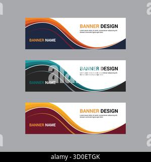 Tre striscioni orizzontali con linee ondulate dinamiche e sfumature di colore, adatti per web design e pubblicità. Illustrazione Vettoriale