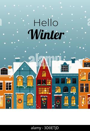 Biglietto invernale "ciao" per le feste con case innevate colorate, fiocchi di neve e un'atmosfera accogliente e stagionale. Illustrazione Vettoriale