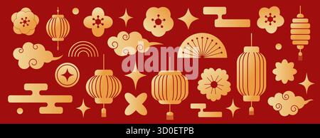 Un lussuoso set di Capodanno cinese a tema oro con lanterne e motivi nuvolosi. Perfetto per i saluti e le decorazioni festive. Illustrazione Vettoriale