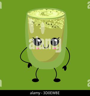 Illustrazione in stile Kawaii di una tazza di matcha felice con un viso simpatico e sorridente, perfetta per progetti legati al cibo e branding divertente. Illustrazione Vettoriale