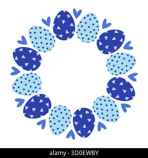 Una corona circolare fatta di uova di Pasqua blu presenta vari motivi come punti e triangoli. Questo design aggiunge un tocco allegro alle feste primaverili Illustrazione Vettoriale