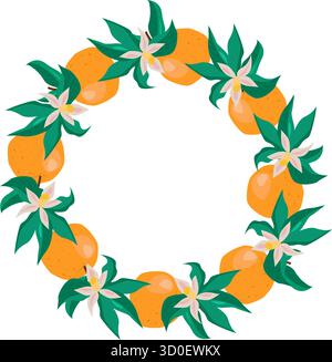 Una corona di arancio realizzata con agrumi e foglie verdi, ideale per le feste e i design stagionali come inviti, carte o decorazioni natalizie. Illustrazione Vettoriale