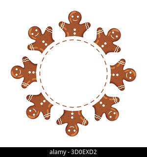 Stravagante telaio vettoriale composto da uomini sorridenti di pan di zenzero disposti in cerchio. Include una linea interna tratteggiata per testo o foto. Perfetto per le vacanze Illustrazione Vettoriale
