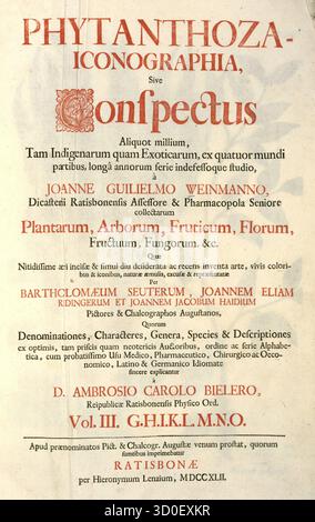 Frontespizio del libro Phytanthoza iconographia, Historisches Pflanzenbuch, un'opera di Johann Wilhelm Weinmann pubblicata a puntate dal 1734 all'1 Foto Stock