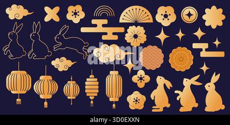 Collezione di elementi dorati del Mid Autumn Festival, tra cui conigli, lanterne, nuvole e fiori su sfondo scuro. Illustrazione Vettoriale