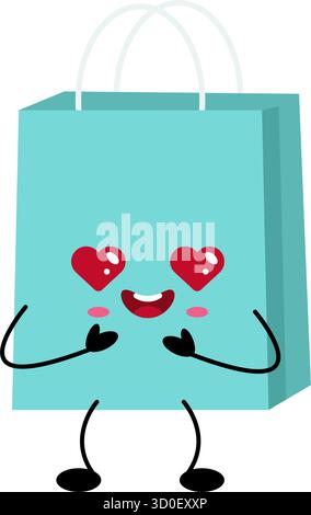 Questo personaggio della shopping bag kawaii presenta un colore blu brillante, occhi a forma di cuore e un sorriso gioioso. Il suo design carino e il suo comportamento giocoso lo rendono Illustrazione Vettoriale
