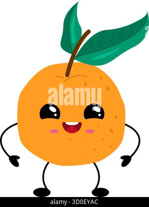 Frutta di arancia stile Kawaii con un'espressione carina e braccia, isolata sul bianco. Illustrazione Vettoriale