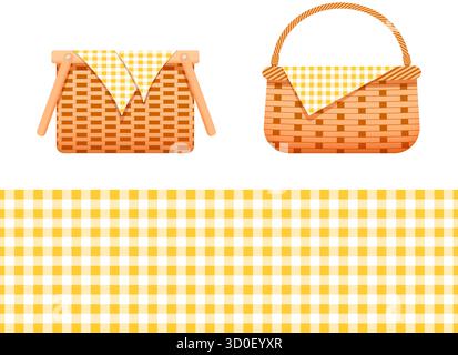 Cesti di vimini vuoti con tovaglioli e texture vichy a scacchi gialli. Cesti di salice intrecciati a mano per picnic di Thanksgivingving isolati su sfondo bianco. Illustrazione di un cartone animato vettoriale. Illustrazione Vettoriale