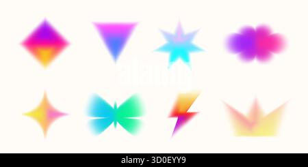 Fiori, cuori e stelle in tonalità pastello ispirati al modello Y2K retrò. Composizione geometrica minimale con sfocatura e granulosità morbide. Perfetto per scavi alla moda Illustrazione Vettoriale