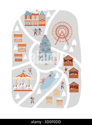 Biglietto di Natale, poster, illustrazione. Immagine vettoriale piatta con una mappa del mercato di Natale. Case disegnate a mano, bancarelle di mercatini, alberi di Natale, Illustrazione Vettoriale