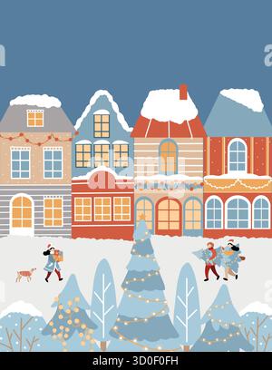 Modello di tessera Capodanno con spazio per l'iscrizione. Illustrazione piatta vettoriale di una città invernale. Case disegnate a mano, alberi di Natale e persone festive con regali. Modello da cartolina, invito o volantino in stile retrò Illustrazione Vettoriale