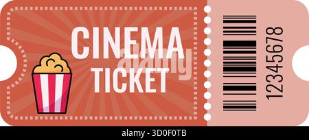 Un biglietto per il cinema con un'icona del popcorn, perfetto per eventi legati al cinema, biglietti e pubblicità cinematografica. Sfondo arancione brillante con un vintage Illustrazione Vettoriale