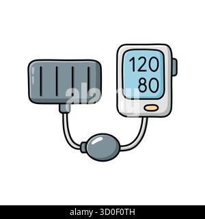 Illustrazione disegnata a mano di un misuratore digitale della pressione sanguigna con display e bracciale. Stile vettoriale piatto minimo, perfetto per l'assistenza sanitaria, l'ospedale, Illustrazione Vettoriale