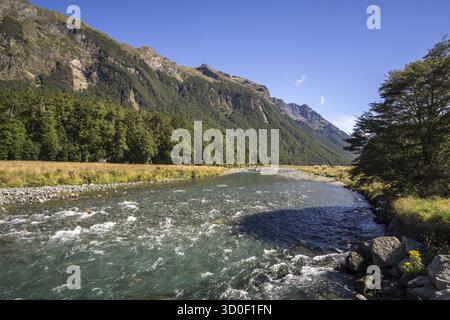 Mackay creek si trova sulla strada per milford, con vista estiva e il torrente che scorre attraverso le montagne Foto Stock