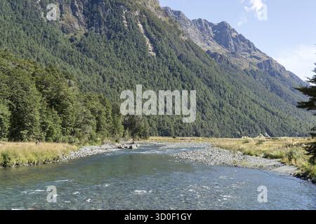 Mackay creek si trova sulla strada per milford, con vista estiva e il torrente che scorre attraverso le montagne Foto Stock