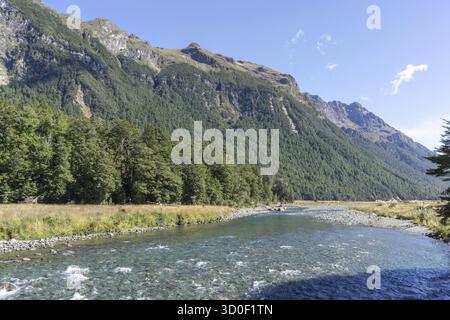 Mackay creek si trova sulla strada per milford, con vista estiva e il torrente che scorre attraverso le montagne Foto Stock